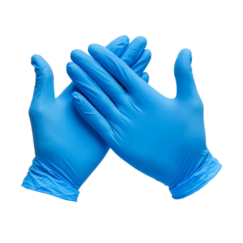 pair of blue nitrile rubber gloves hands