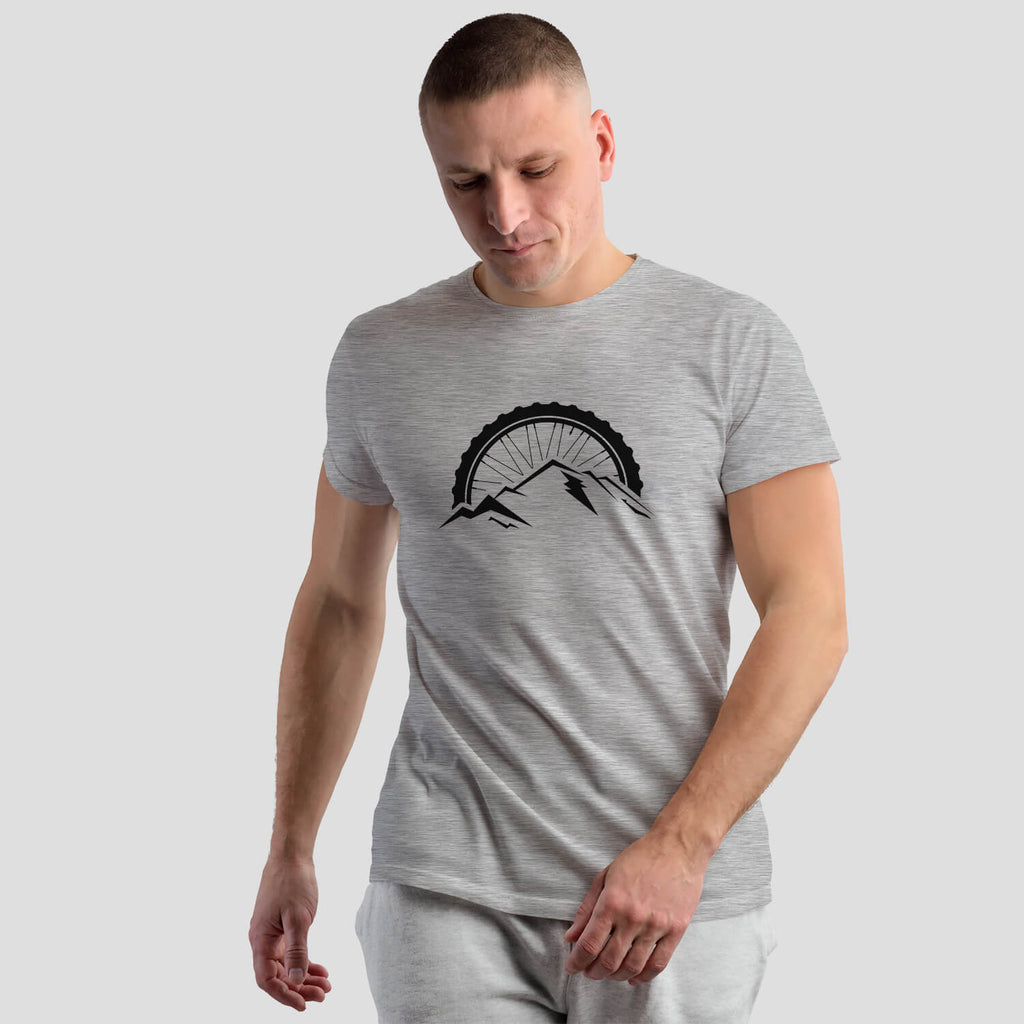 Epic Alpine Rider MTB Casual Cycling T-Shirt on male model - Graphite Heather Grey