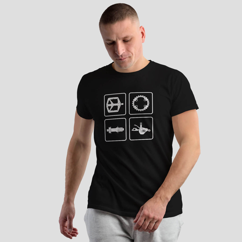 Epic Bike Tech MTB Cycling Components Parts t-shirt on male model - black