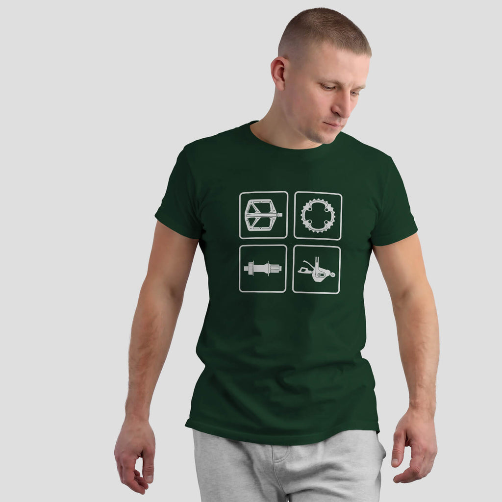 Epic Bike Tech MTB Cycling Components Parts t-shirt on male model - Forest Green