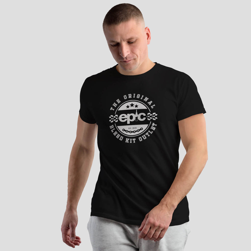 Epic Bleed Solutions Crest Logo T-Shirt on male model - The Original Bleed Kit Outlet - Black