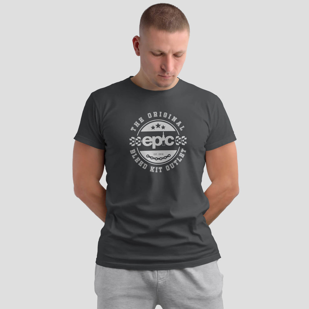 Epic Bleed Solutions Crest Logo T-Shirt on male model - The Original Bleed Kit Outlet - Charcoal/White