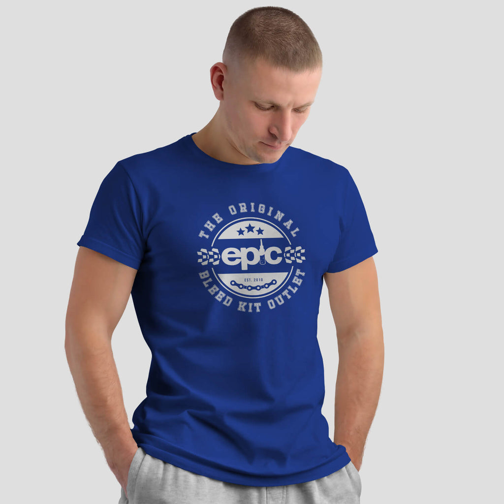 Epic Bleed Solutions Crest Logo T-Shirt on male model - The Original Bleed Kit Outlet - Sport Royal Blue