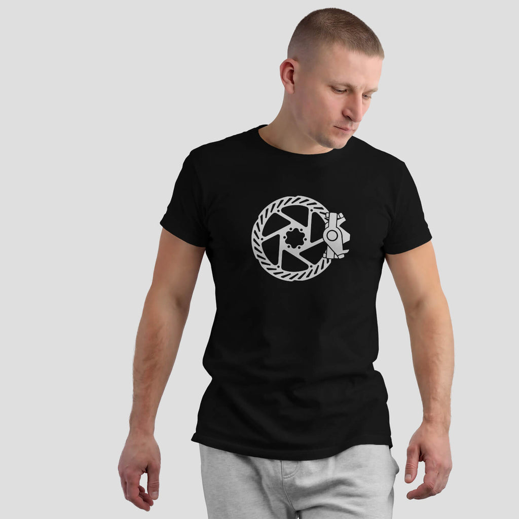 Epic Disc Brake Revolution Cycling T-Shirt on male model - Black