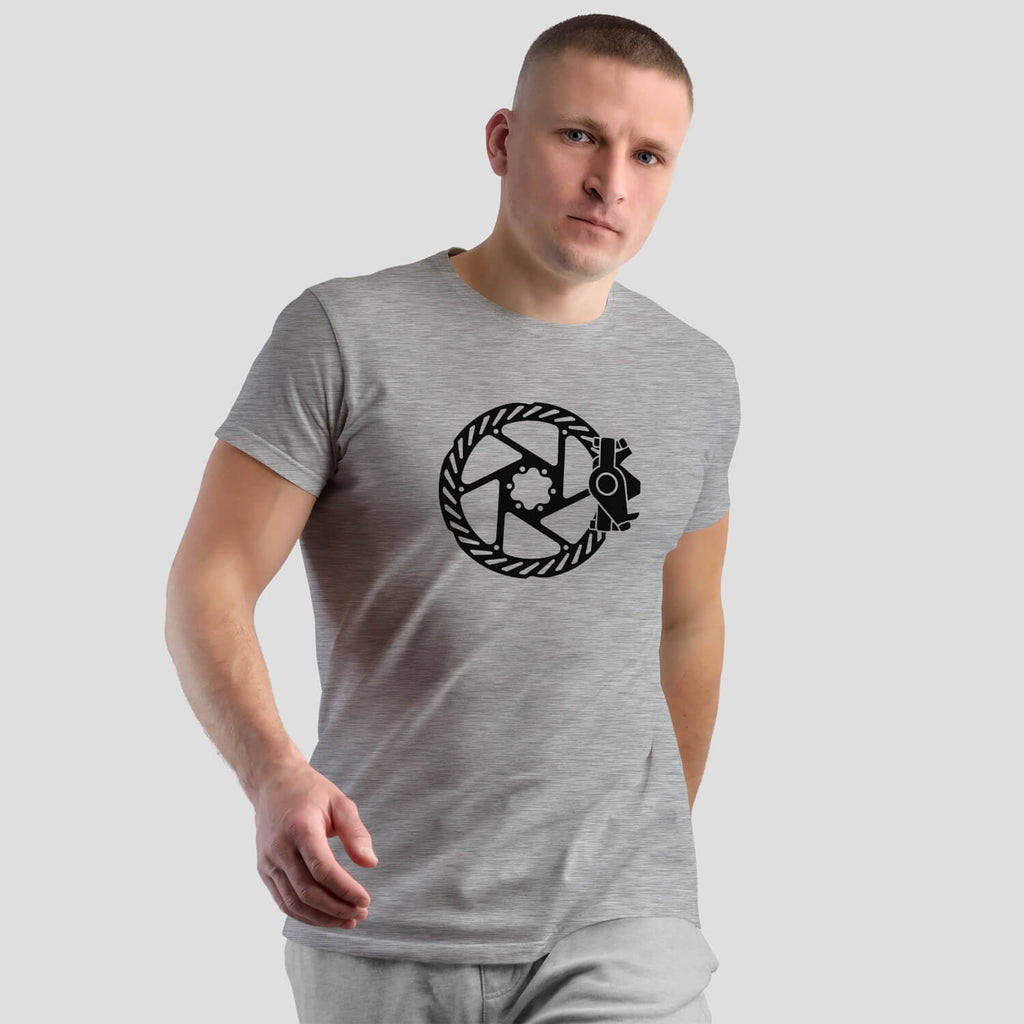 Epic Disc Brake Revolution Cycling T-Shirt on male model - Graphite Heather Grey