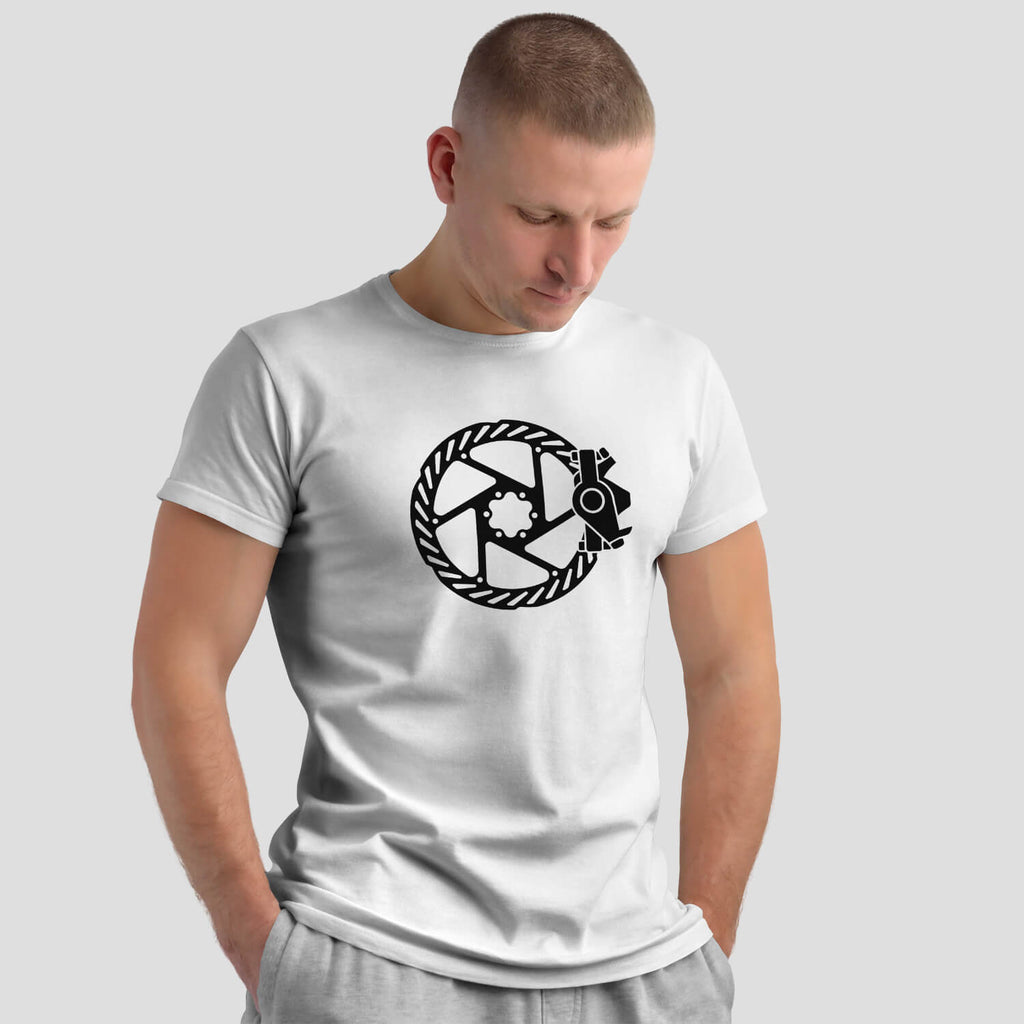 Epic Disc Brake Revolution Cycling T-Shirt on male model - White
