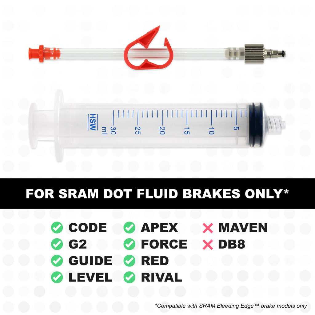 SRAM Bleeding Edge Tool for SRAM DOT brakes. Includes 30ml Locking Bleed Syringe. Brake model compatibility list - DOT brakes only