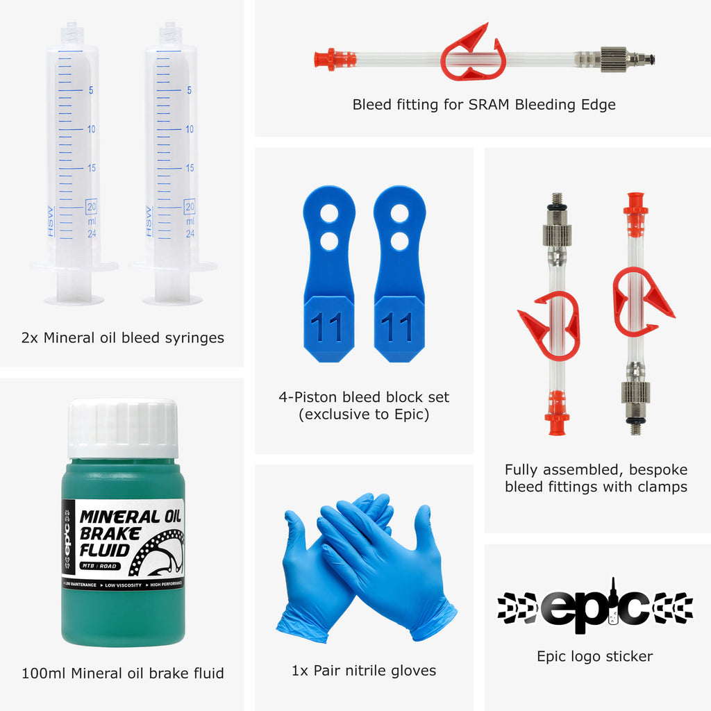 SRAM Maven Bleed Kit & Mineral Oil Brake Fluid, Bleed Kit Components - Epic Bleed Solutions