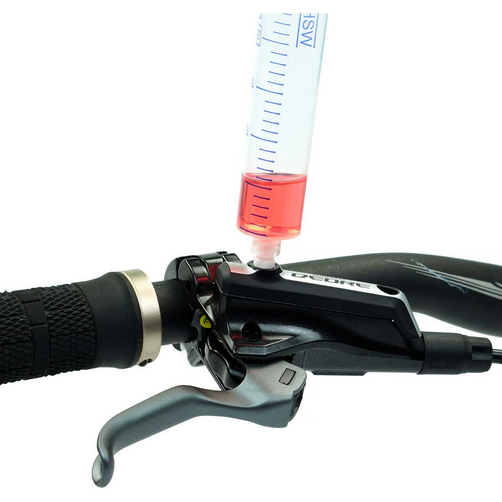 funnel syringe attached to shimano deore m596 lever bleed port